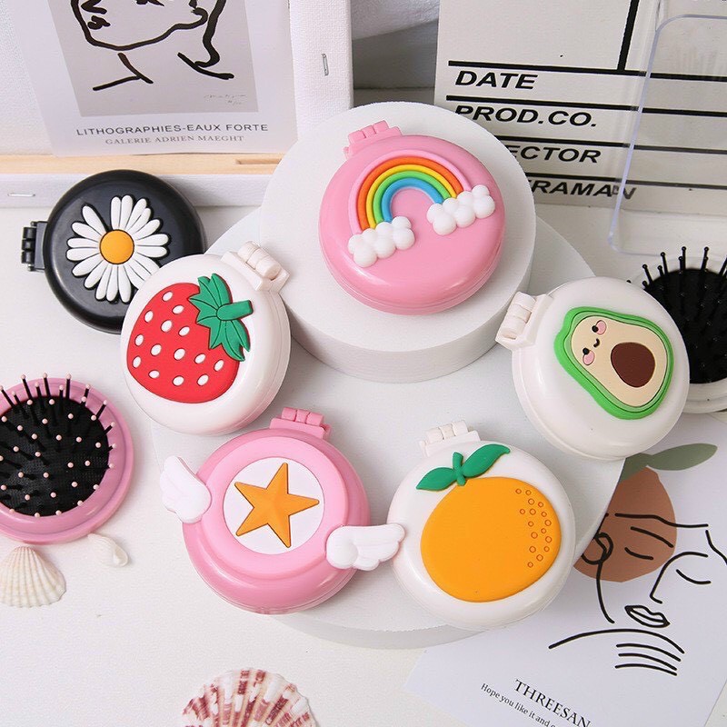 Bộ gương lược gấp mini cute siêu tiện dụng có thể bỏ túi tiết kiệm diện tích, lược chải đầu siêu gọn