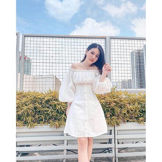 Váy Trắng Body Trễ Vai Ulzzang Dáng Xòe Chữ A dự tiệc công sở đi biển mùa hè, Đầm nữ xếp ly ngắn susan dress Hiva Cloth