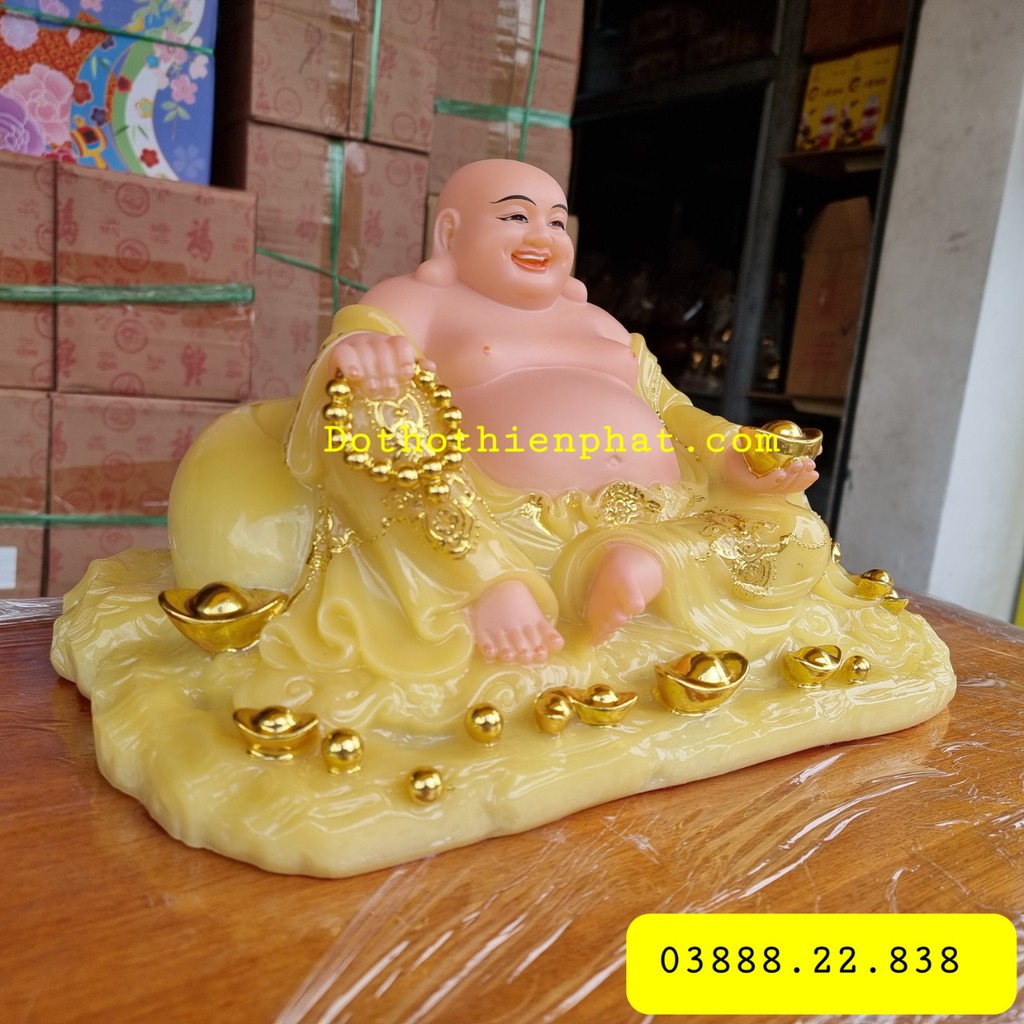 Tượng phật di lặc đá 12in ngang 33cm màu vàng mẫu mới