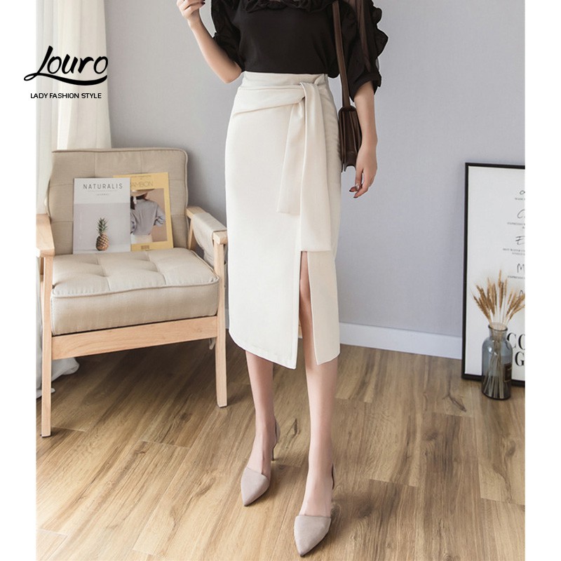 Chân váy công sở đẹp Louro L701, KÈM ẢNH THẬT mẫu váy dáng dài xẻ, thắt nơ eo | BigBuy360 - bigbuy360.vn