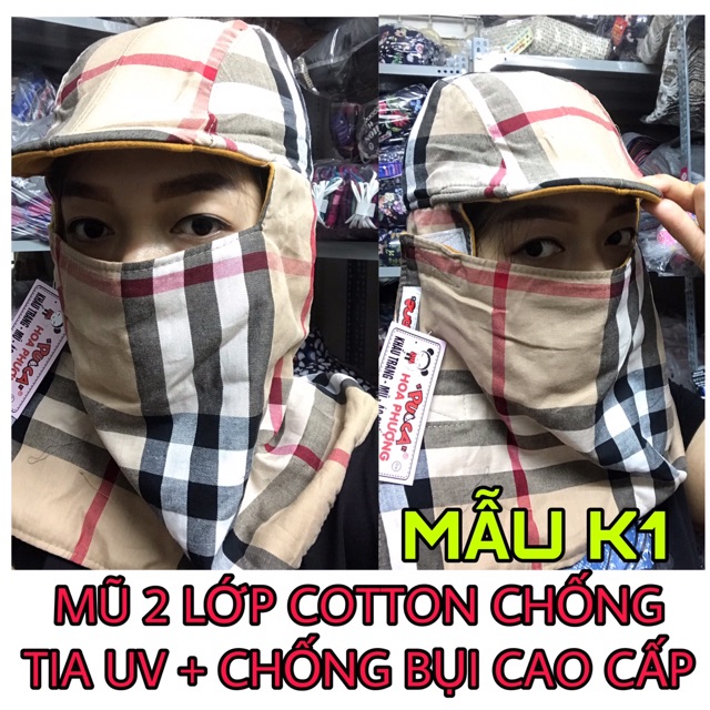 Mũ chống nắng cotton kẻ 2 lớp xuất chống tia uv