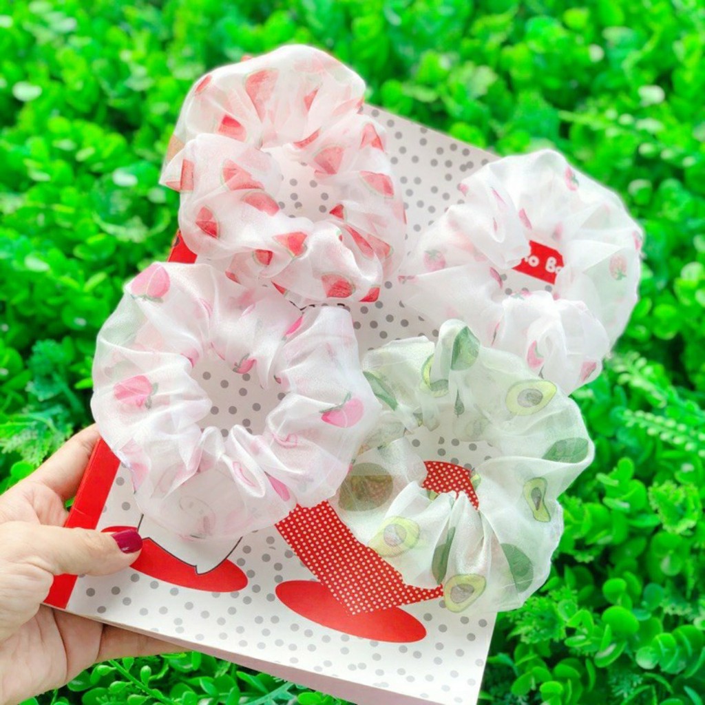 BỘ 3 DÂY BUỘC TÓC CỘT TÓC VẢI VON HỌA TIẾT TRẮNG ĐỎ CHO NỮ- MIX SẲN TONE