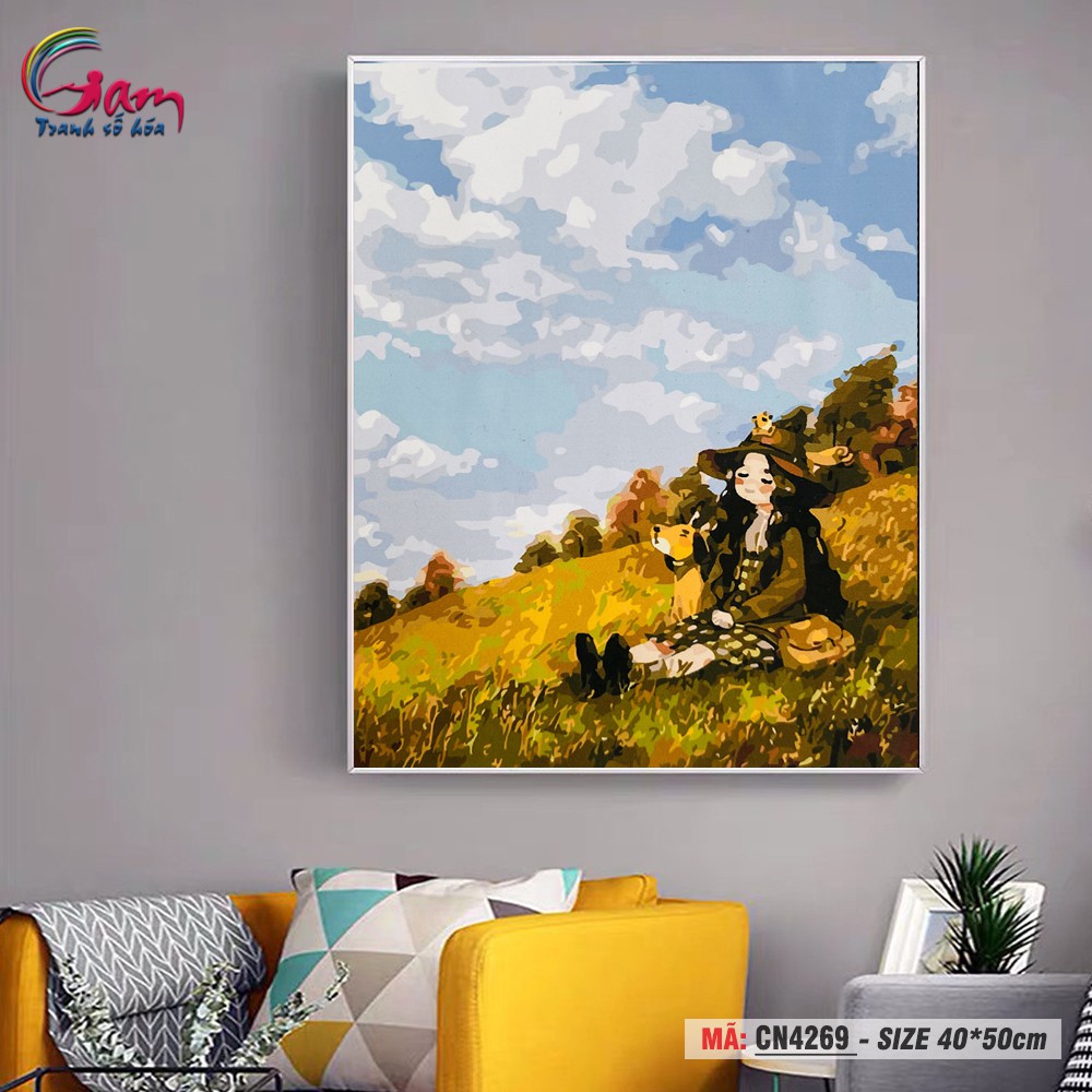 Tranh tô màu số hóa NL ART treo tường trang trí cô bé thư giãn trên đồng cỏ CN4269