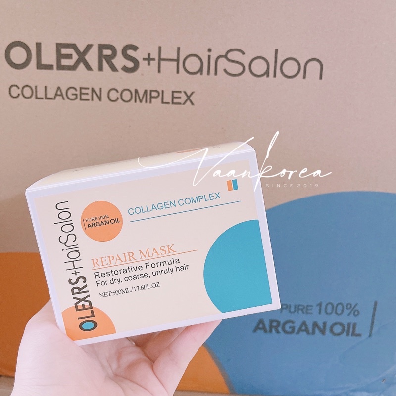 Cặp gội xả &amp; Ủ tóc Olexrs+ Hairsalon Argan Oil Collagen Complex Repair