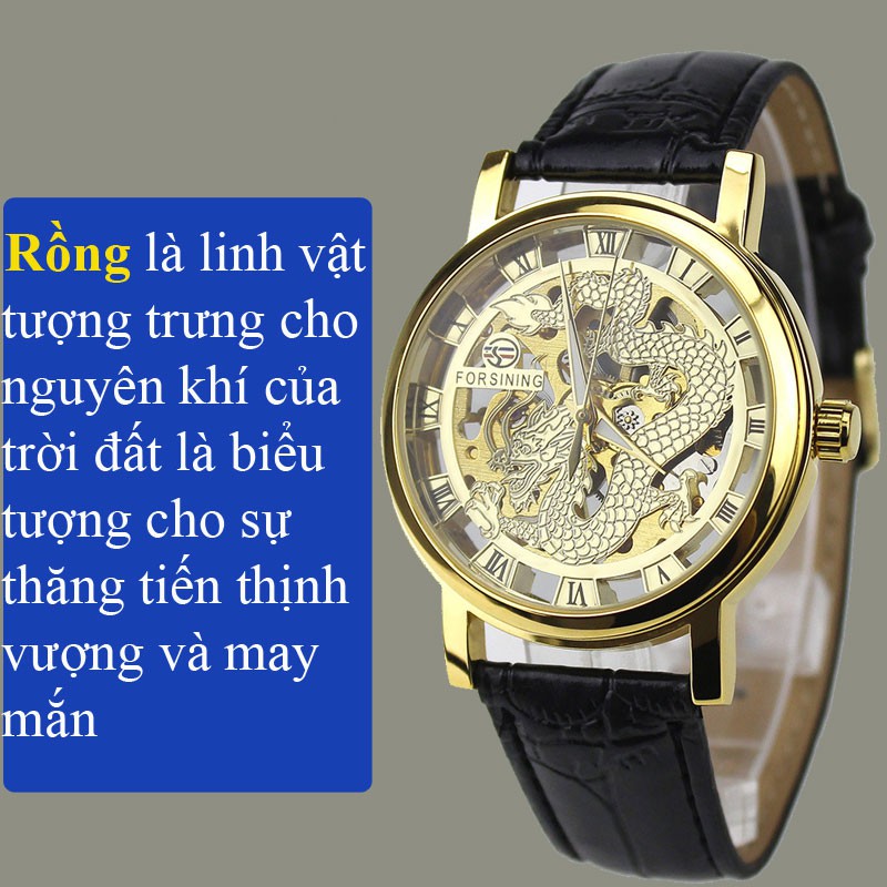 Đồng hồ cơ nam đẹp mặt rồng nổi 3D Forsining  mạ vàng chính hãng cao cấp tự động automatic giá rẻ mặt tròn đeo tay dâ