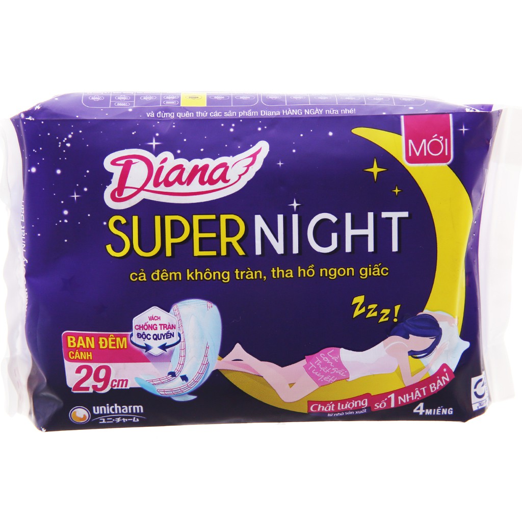 Băng Vệ Sinh Diana Super Night Ban Đêm Có Cánh 29cm Gói 4 Miếng