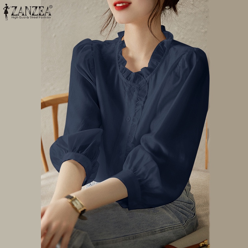 Áo kiểu ZANZEA cổ đứng dáng rộng màu trơn phong cách Hàn Quốc dành cho nữ