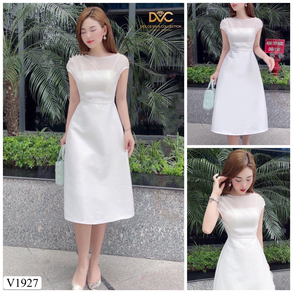 Váy suông dài trắng kiểu chữ A vai đính ngọc siêu xinh V1927
