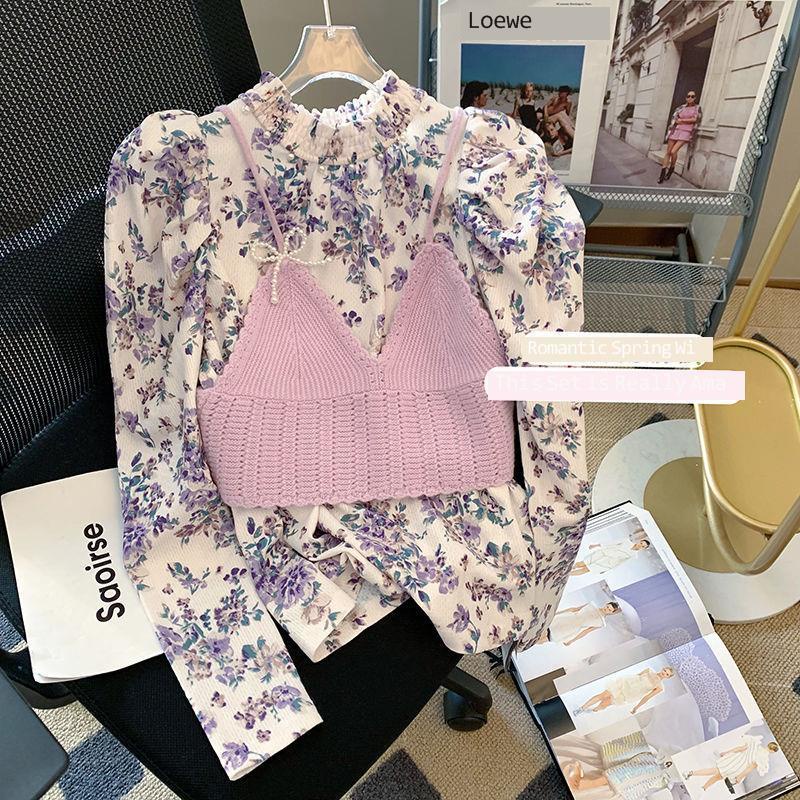 Set Áo Cổ Lọ + Áo Hai Dây Dệt Kim Thiết Kế Mới Thời Trang Mùa Xuân Dành Cho Nữ