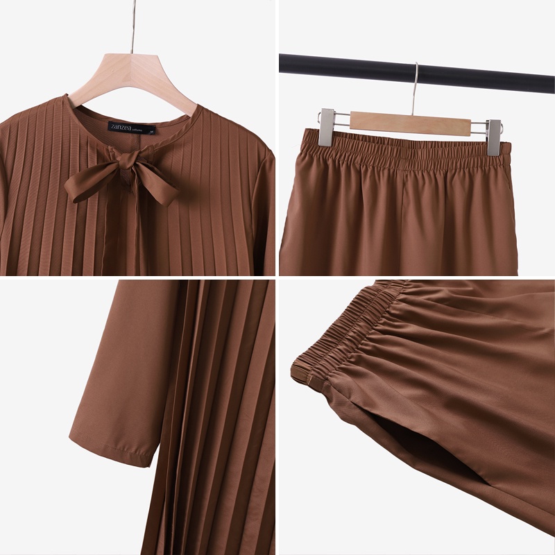 Bộ đồ hồi giáo ZANZEA gồm áo tay dài cổ buộc dây và quần ống rộng eo cao xếp ly thanh lịch cho nữ