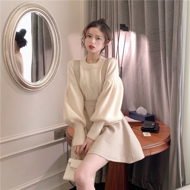 Set váy yếm tay bồng ulzzang
