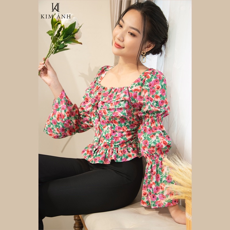 Áo Kiểu Thiết Kế Nữ, Áo Sơ Mi Nữ Công Sở Kim Ánh Emmy Top Hoa Nhí Tay Dài Tiểu Thư