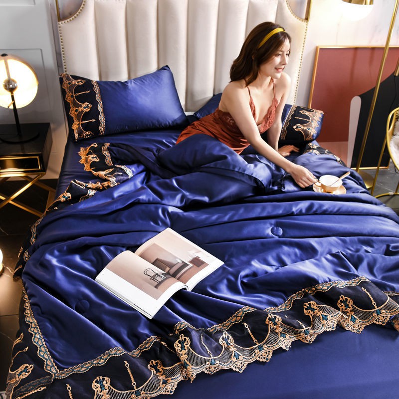 Phong cách mới mùa hè✔∏◈chăn mùa hè mềm mượt bốn mảnh Bộ bông mỏng bằng lụa đã giặt Tấm trải giường phong cách B