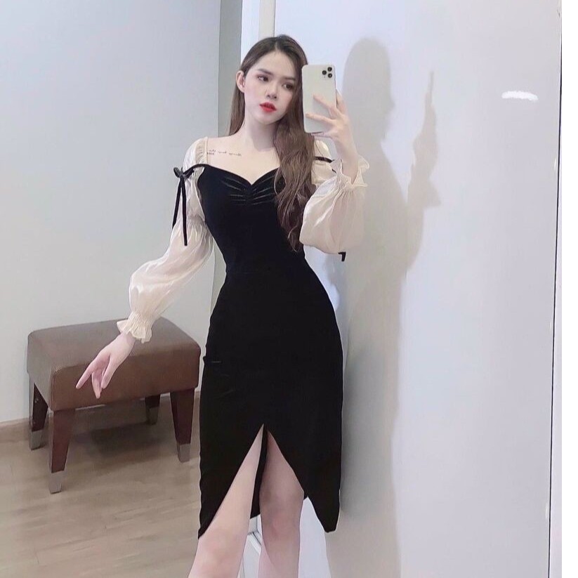 Váy nhung body pha tay nhũ ánh rúm ngực