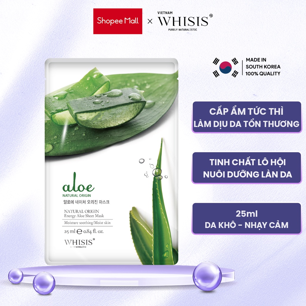 Mặt Nạ Dưỡng Da Lô Hội WHISIS Nature Origin Energy Aloe Sheet Mask Cấp Ẩm Dưỡng Trắng Da 25ml