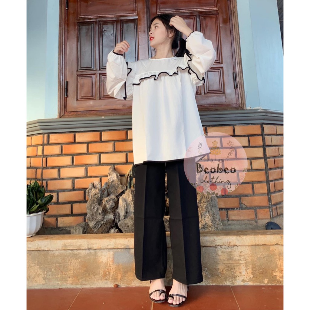 Áo babydoll sơ mi tay bo phồng bèo viền đen dễ thương