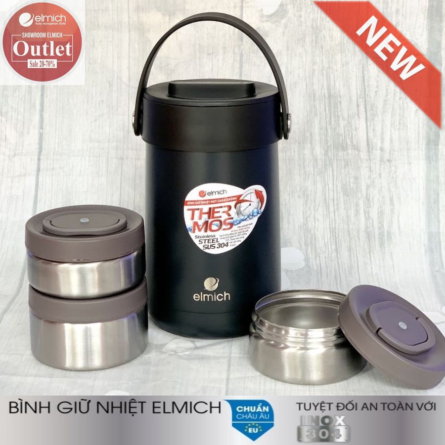 Hộp Đựng Cơm Giữ Nhiệt 3 Ngăn Inox 304 nóng 12h lạnh 24h ELMICH EL-3129 1500ml