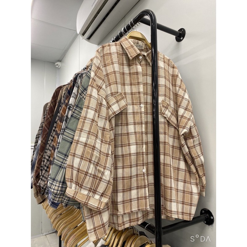 Áo sơ mi kẻ oversize tay đèn lồng nhiều màu - ảnh thật