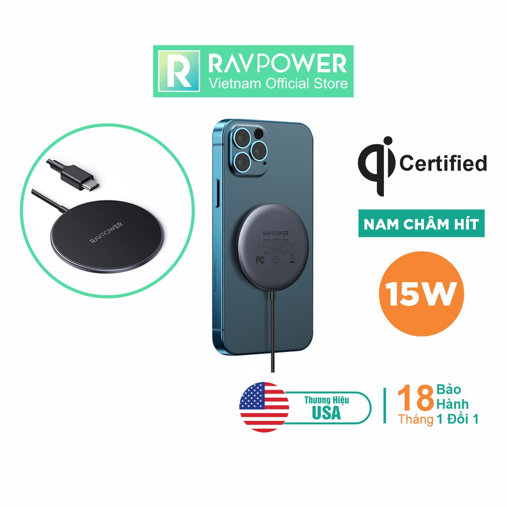 Bộ Đế Sạc Không Dây Magsafe Nam Châm 15W RAVPower RP-WC012 Kèm Củ Sạc Type C 20W Cho iPhone, iPhone 12, iPhone 13