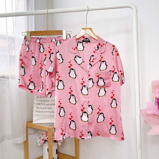 Bộ Mặc Nhà Pyjama Lụa Cộc Tea Store Họa Tiết Thỏ Chim Cánh Cụt Màu Hồng