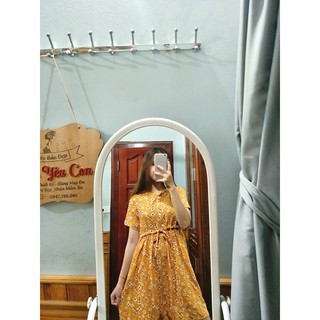 Váy bầu hoa đào vàng cổ tàu buộc bụng