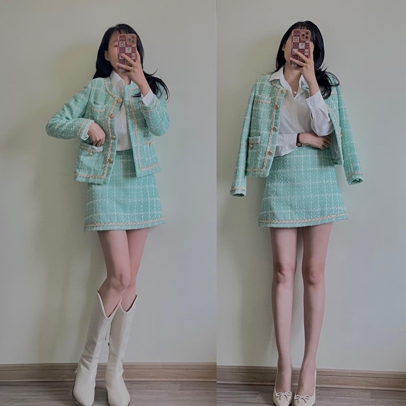 Set dạ tweed xanh