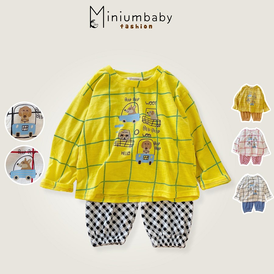 Bộ đồ dài tay quần dài thu đông chó đi ô tô, gà cho bé gái/trai chất liệu 100% cotton, quần áo trẻ em MiniumBaby-SB1315