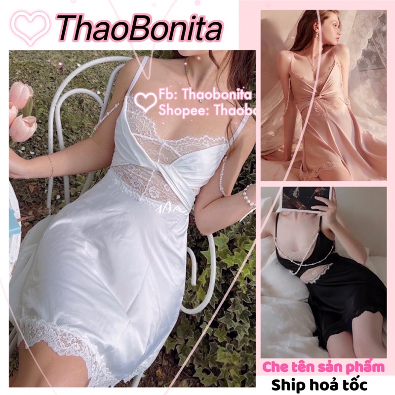 Váy Ngủ Satin Pearl Dress Kèm Chuỗi Ngọc Thiết Kế Cao Cấp. Ship Hỏa Tốc SG