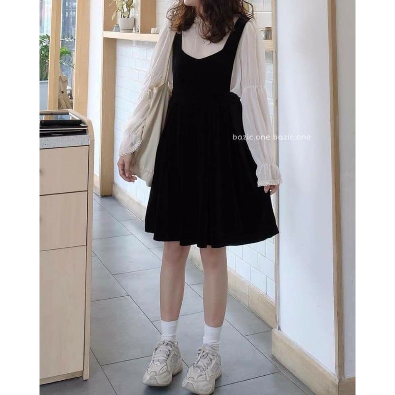 Set yếm bbd+áo trắng tay bo/Set yếm babydoll