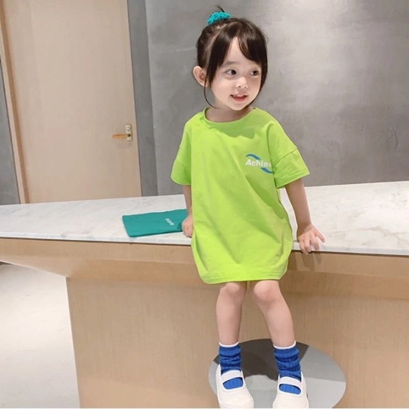 Áo đầm cotton IELGY dành cho bé gái thiết kế tay ngắn in chữ phù hợp nhiều phong cách