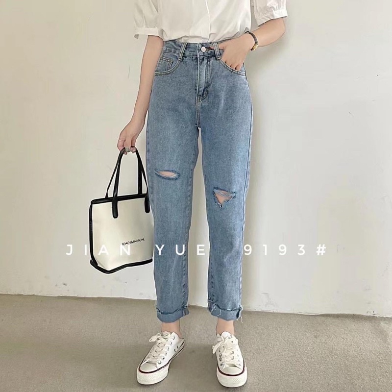 Quần Slim Baggy Jean Rách Sole Xẻ Gối Ulzzang Lưng Cao nữ