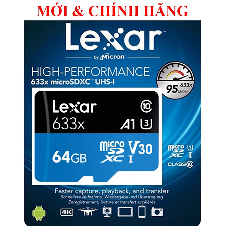 [Mã ELFLASH5 giảm 20K đơn 50K] Thẻ nhớ MicroSDXC Lexar 64GB 633x A1 V30 U3 4K 95MB/s - Full box (Xanh)