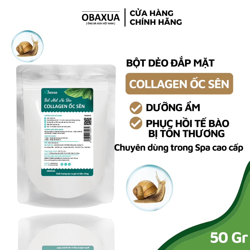 Bột đắp mặt collagen ốc sên cao cấp OBAXUA, dưỡng trắng, cấp ẩm (Bột mặt nạ dẻo)
