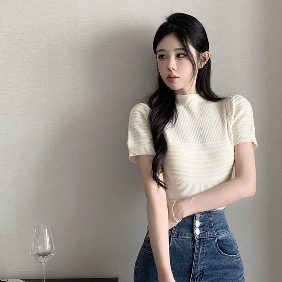 Áo Croptop ngắn tay nữ len tăm diệt kim, áo thun tăm trơn kiểu croset có co giãn Mỹ Linh 02 ôm sát body