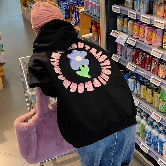 Áo Hoodie Dáng Rộng Họa Tiết Hoa Xinh Xắn Dễ Phối Đồ