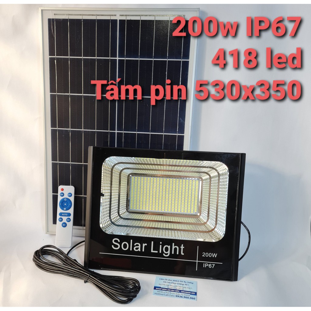 ♙Đèn led pha năng lượng mặt trời 200w IP67 có remote tấm pin rời dây dài 5m - Bảo hành 12 tháng