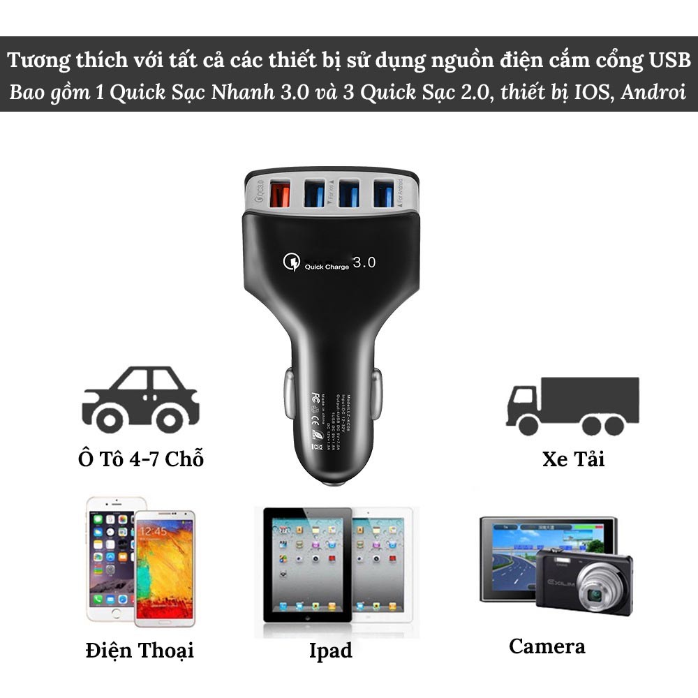 Tẩu Sạc Ô Tô 4 Cổng USB (Có 1 Cổng Quick Sạc Nhanh 3.0)