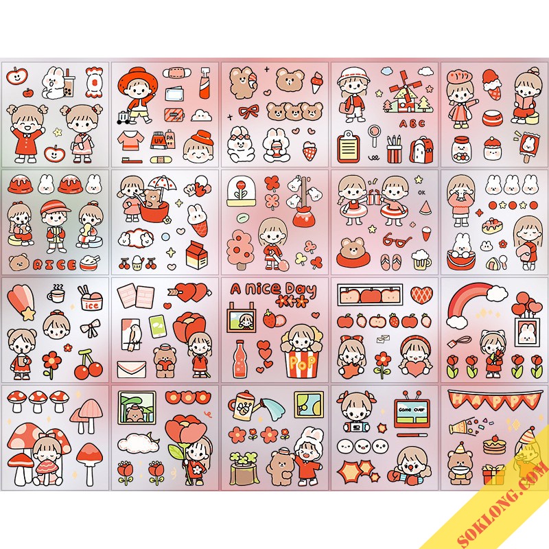Set 20 tấm 100 miếng sticker nhãn dán Cô nàng dễ thương cute trang trí sổ, điện thoại, nhãn dán laptop