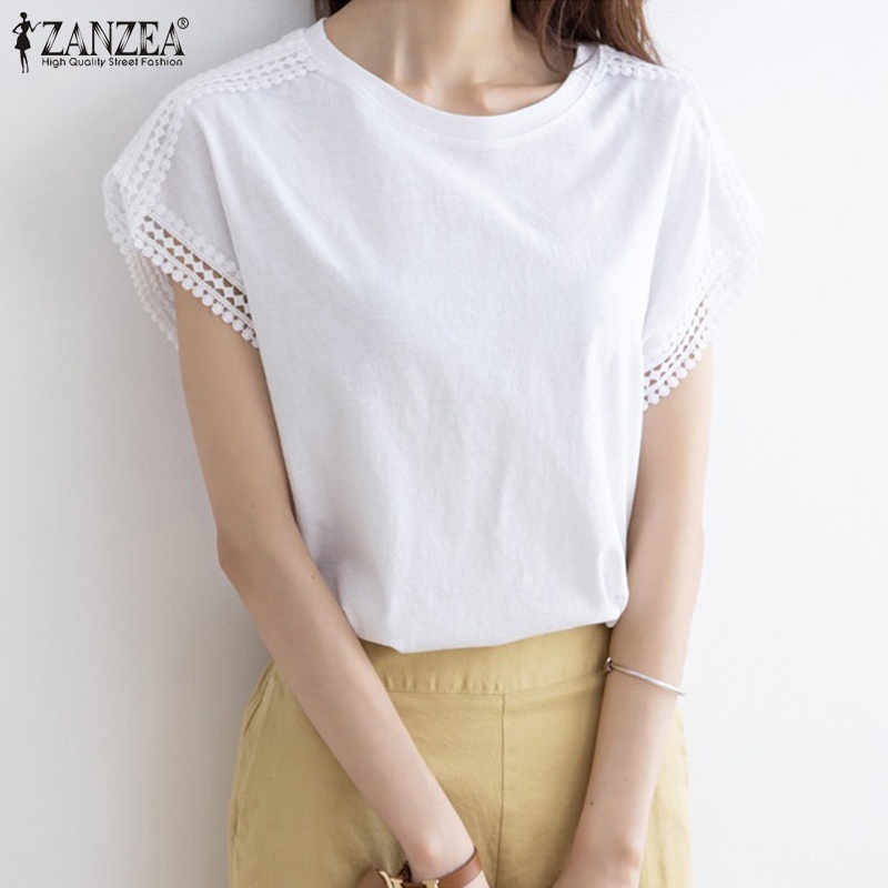 Áo thun ZANZEA cổ tròn tay ngắn phối ren phong cách Hàn Quốc thời trang cho nữ