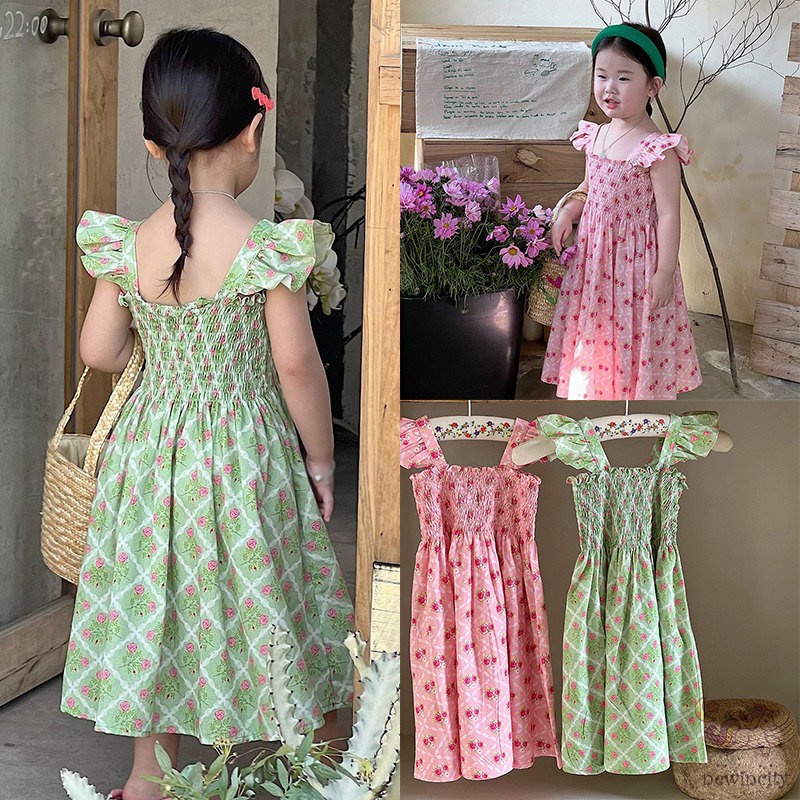 Đầm Công Chúa Tay Cánh Tiên In Hoa Đáng Yêu Thời Trang Mùa Hè Hàn Quốc Dành Cho Bé Gái