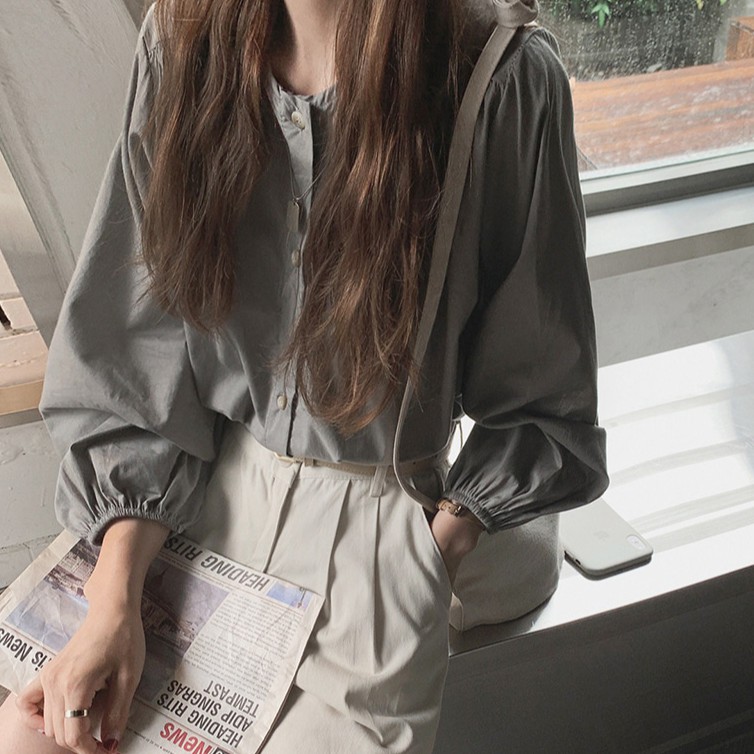 Áo sơ mi Peppermint 36636 tay dài cổ vuông màu trơn đơn giản thời trang cho nữ