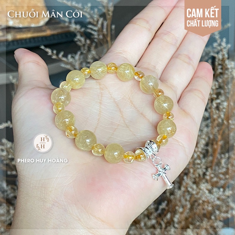 Chuỗi Mân Côi đá Tóc Vàng (loại nhiều tóc) kết hợp Thánh Giá Bạc nguyên chất - Quà tặng Công Giáo bằng đá