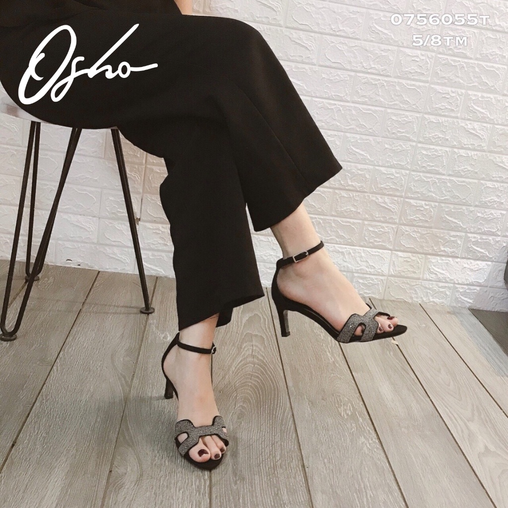 Sandal Cao Gót Nữ OSHO Chất Da Lộn Mix Quai Nhũ, Gót Vuông Mũi Tròn, Phần Lót Êm Chân Thấm Hút 141