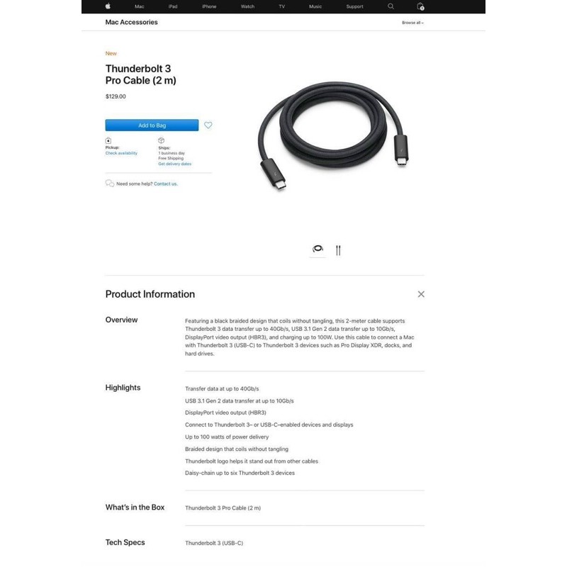 Thunderbolt 3 ( USB C )  Pro Cable ( 2m ) Chính hãng