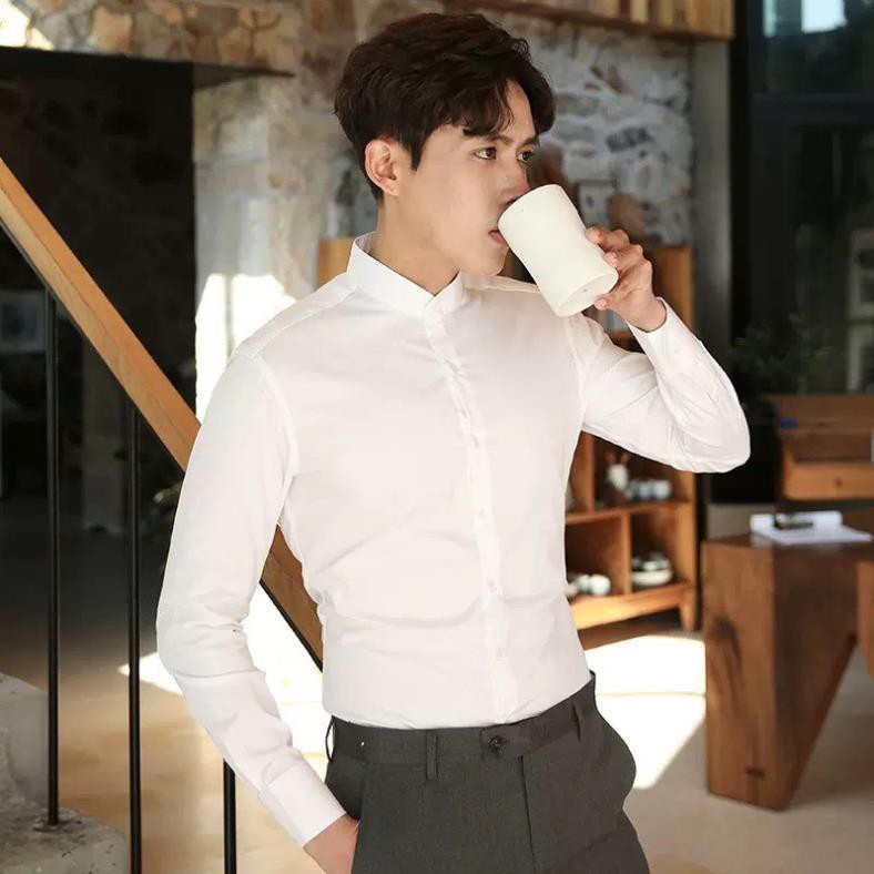 Áo sơ mi nam cổ trụ form rộng trắng dài tay vải lụa mềm mịn kiểu Hàn Quốc | Lee Hoàng Group ་
