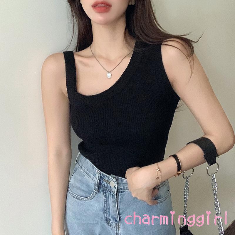 QAQ-Women´s Knitting Ribbed Vest Solid Color Sleeveless Irregular Neck Slim Fit Tank Tops Leisure Camisole