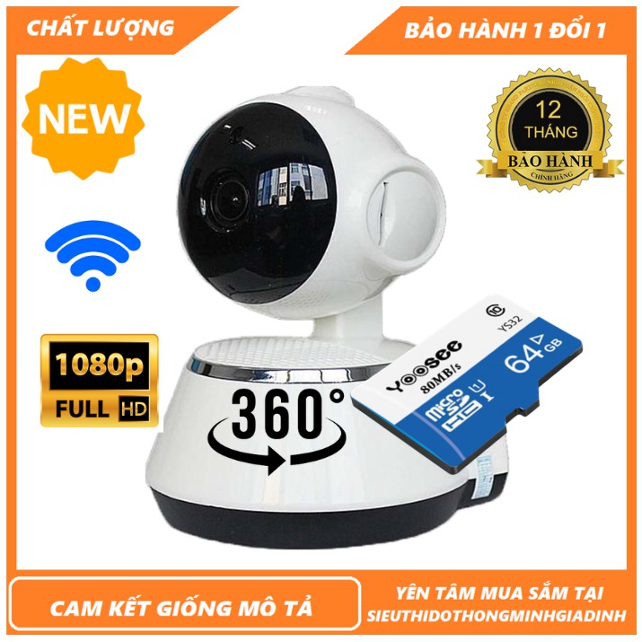 camera mini wifi v380 kèm thẻ 64gb - 1080p, xoay 360 độ chính hãng - 100% tiếng việt - cảnh báo chuyển động   .