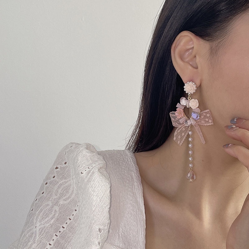 Bông Tai Đính Ngọc Trai Và Đá Hình Giọt Nước Phối Ren Tua Rua Phong Cách Hàn Quốc Sang Trọng Thời Trang 2022