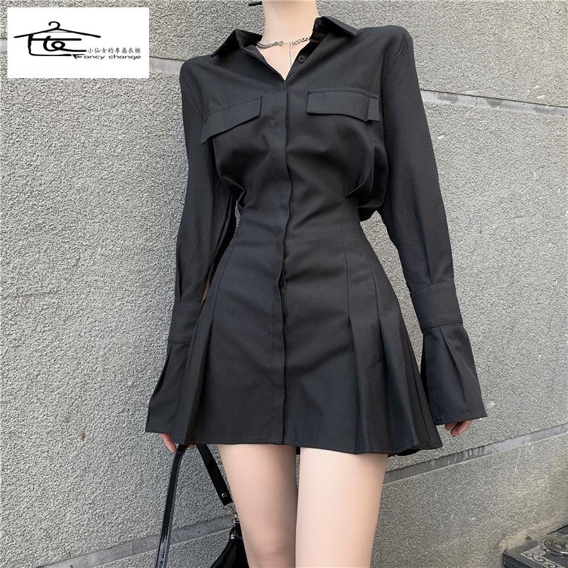 Đầm Sơ Mi Ngắn Ôm Eo Tay Dài Màu Đen Thời Trang Mùa Hè