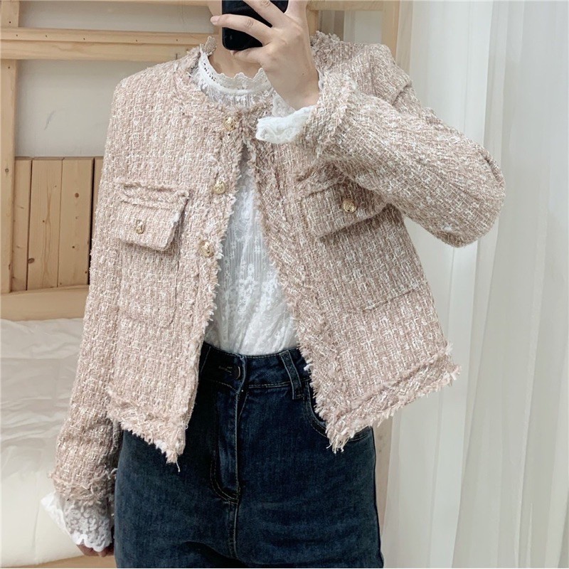 Pass áo dạ tweed dáng ngắn màu trắng kem size M